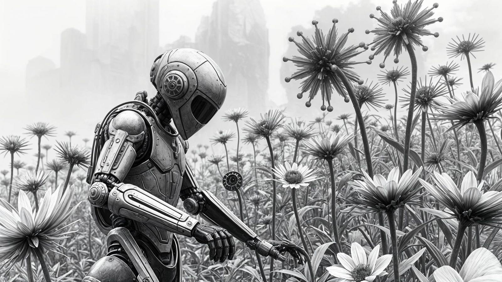 Robot Tending Mechanical Garden in Charcoal Sketch
