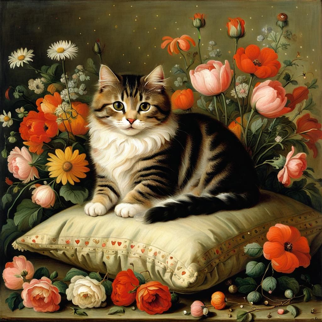 Cute Cat in Winter Landscape, Dutch Golden Age Style