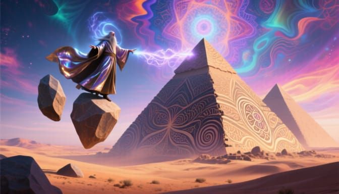 Sorcerer Builds Pyramids with Giant Stones in Desert Sky