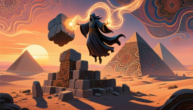 Sorcerer Building Pyramids with Magic in Desert Sunset