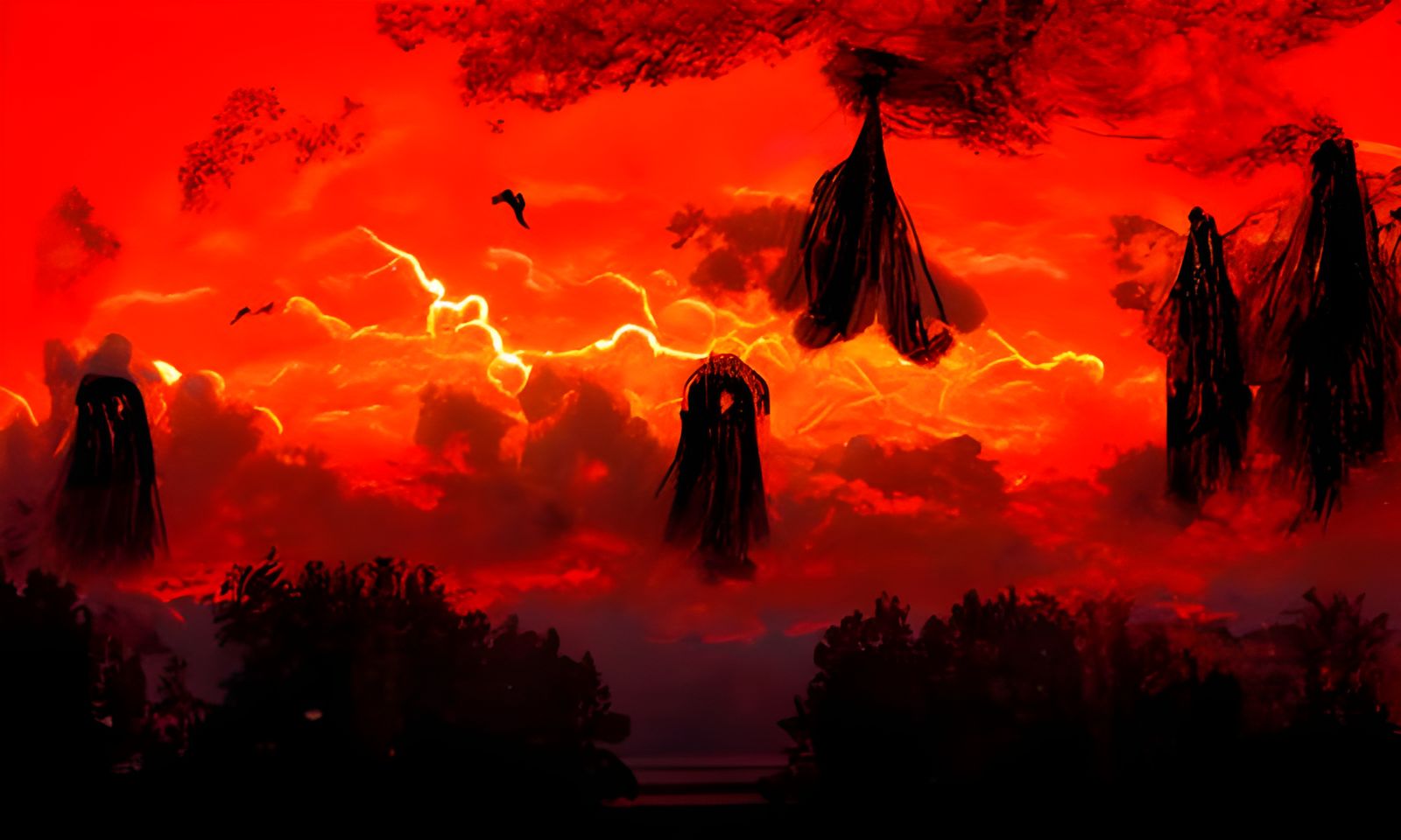 Terrifying Ghosts in Red Sky Thunderstorm Landscape