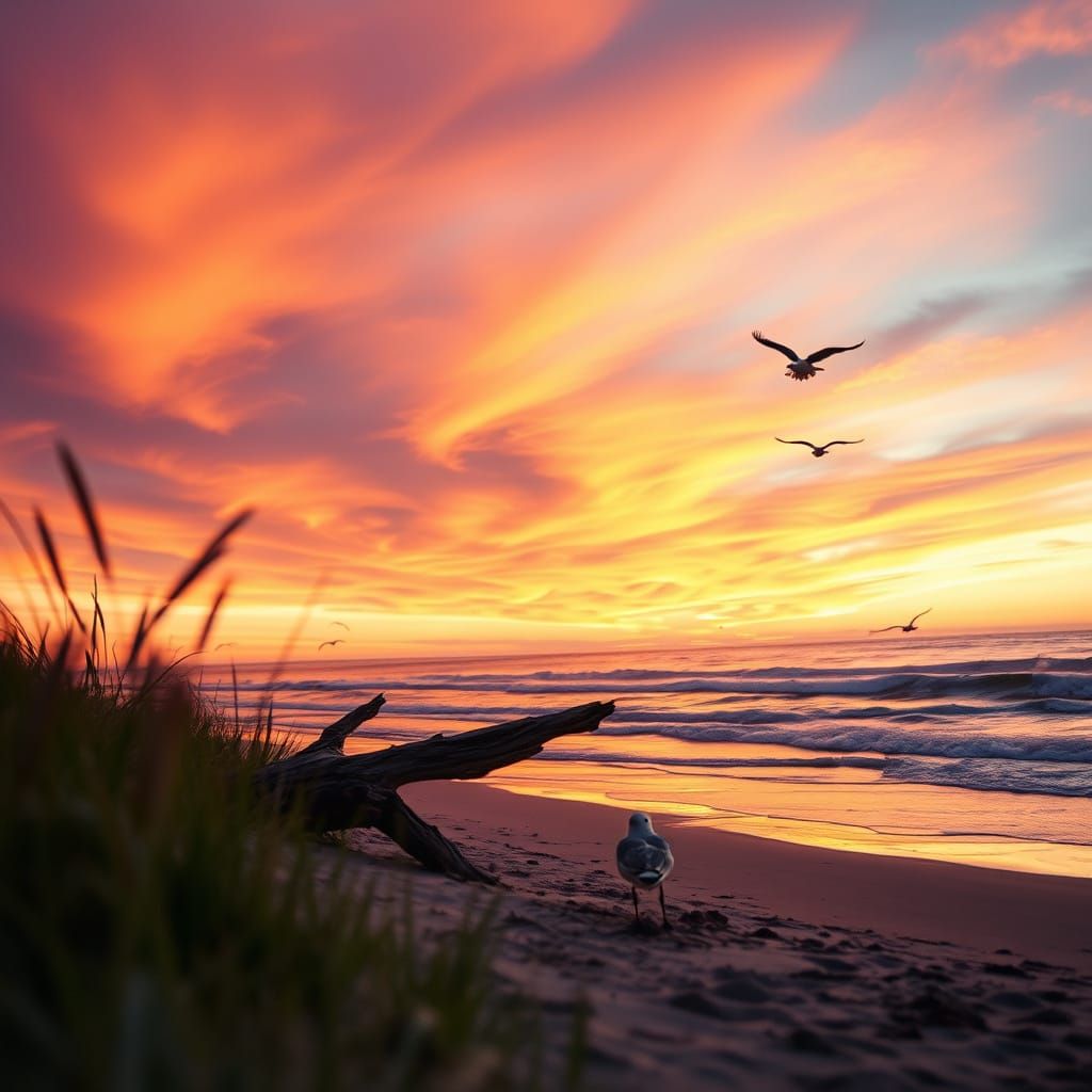 Vibrant Beachscape at Dusk in a Hyperrealistic Style