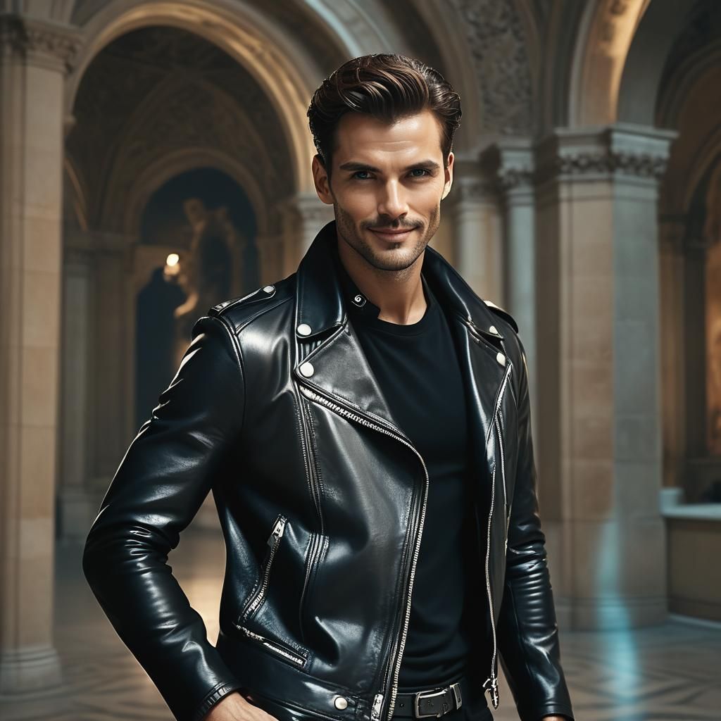 Enigmatic Man in Black Leather: Cinematic Portrait