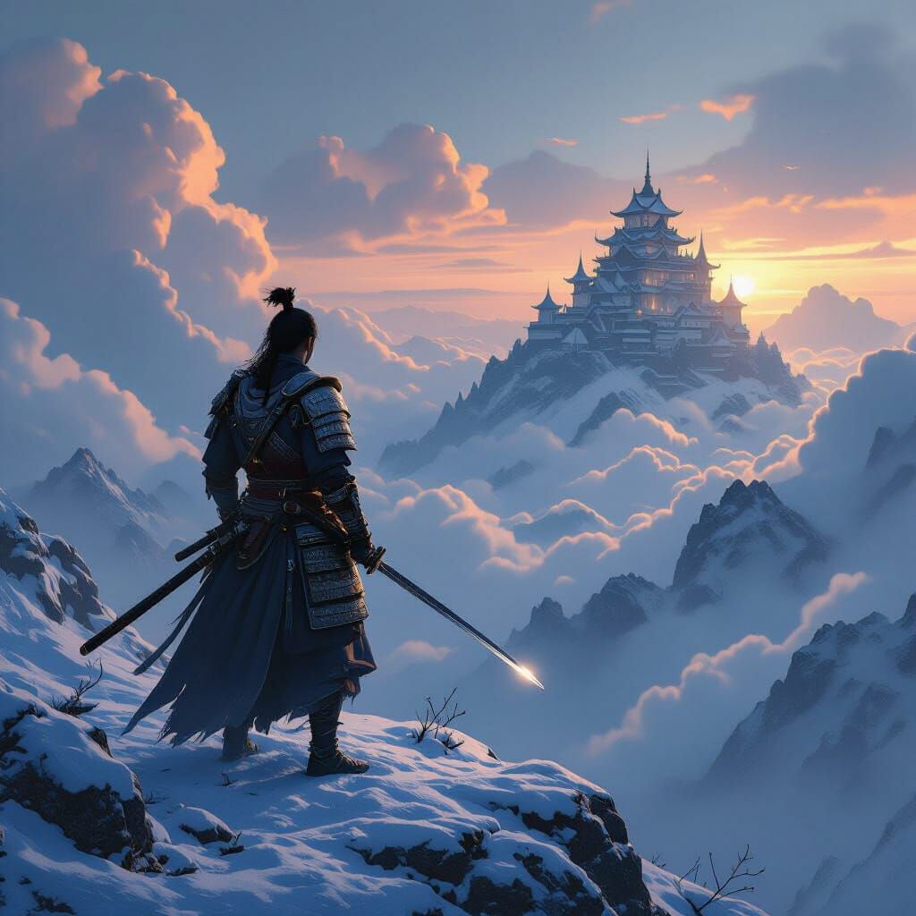 Samurai on Mountain Peak with Floating Castle