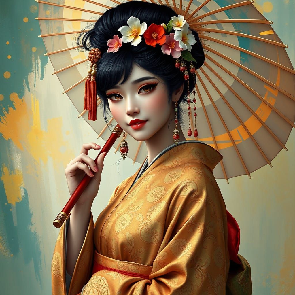 Elegant Woman in Traditional Japanese Kimono with Golden Acc...