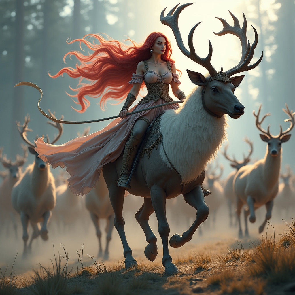 Goddess Riding Caribou Leading Deer Horde