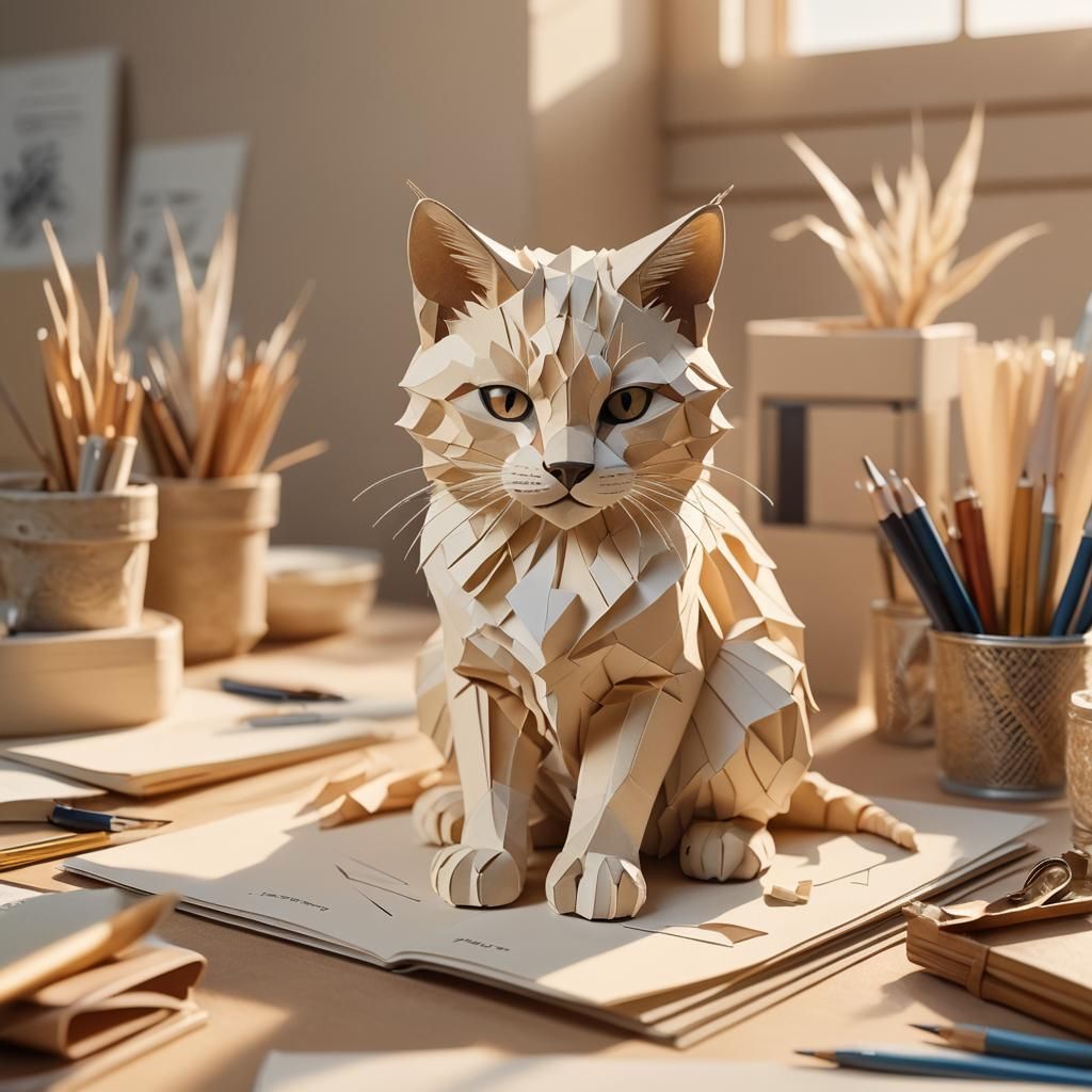 Intricate Origami Sand Cat Fantasy Concept Art