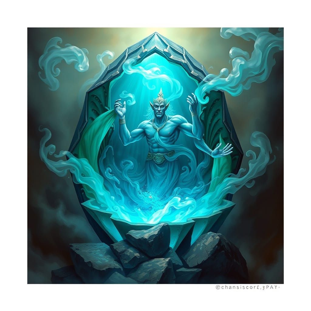 Mystical Genie Emerges from Gemstone with Magic