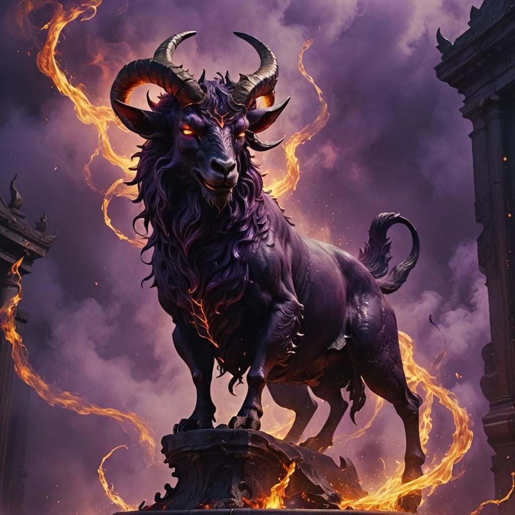 Infernal Goat Amidst Purple Mist in Digital Art