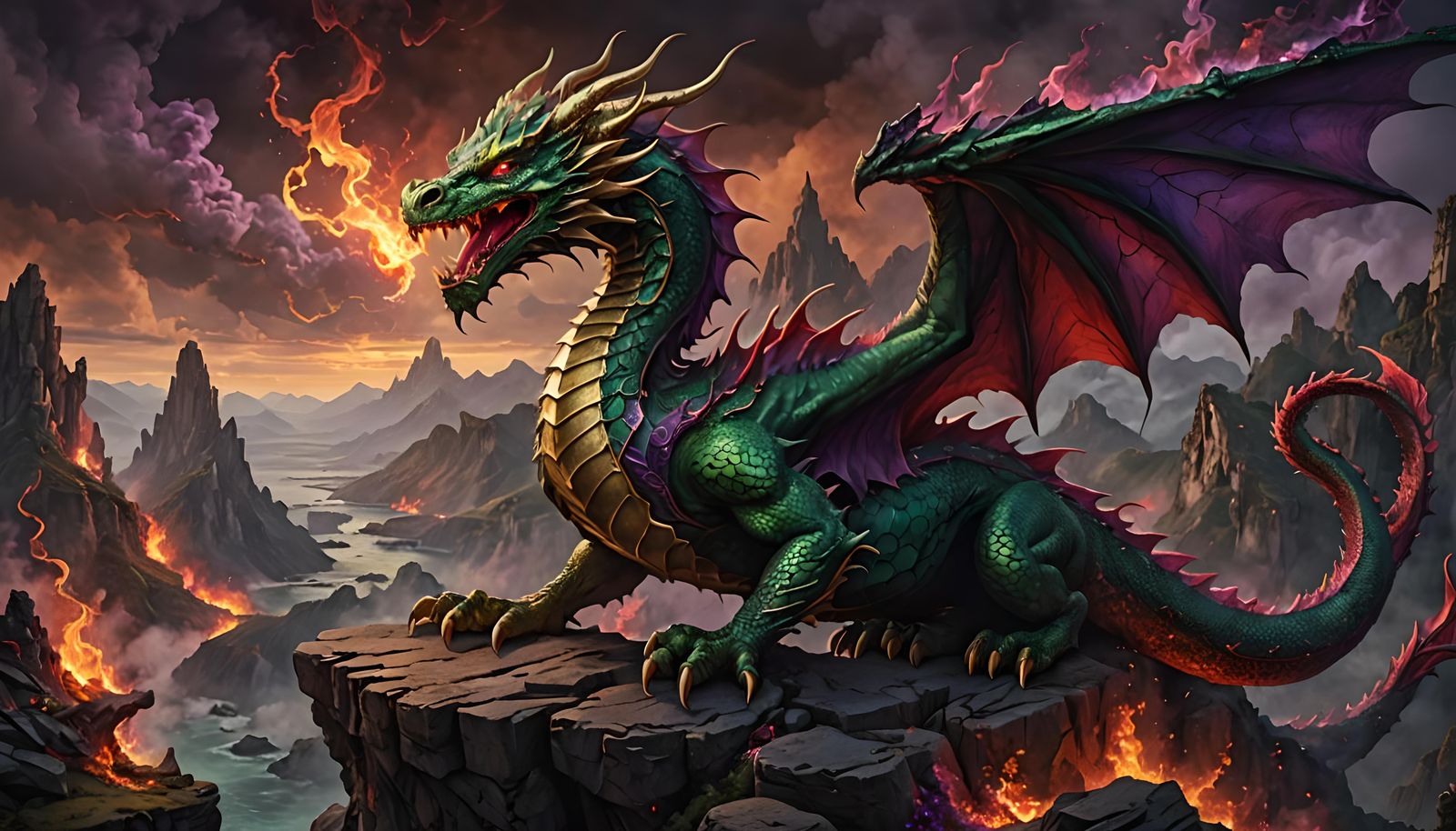 Dragon on Cliff in Flames: Dark Fantasy Art