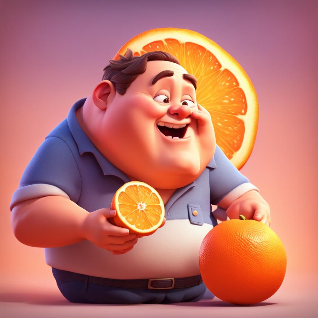 Chubby Man Eating Orange in Pixar Style