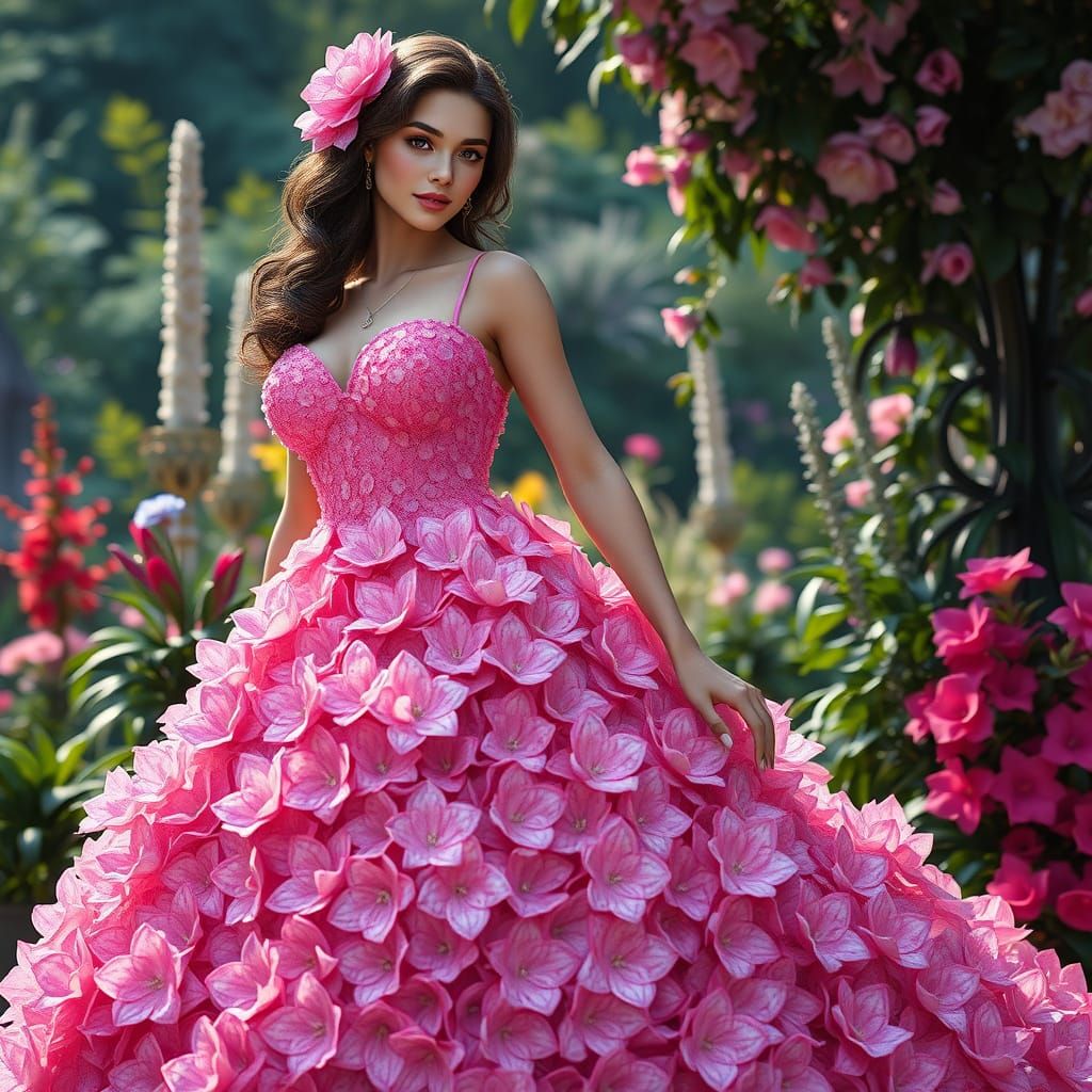 Woman in Pink Floral Dress in Lush Garden