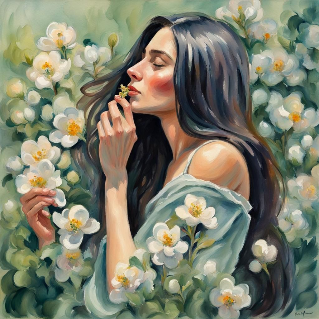 Woman with Flowers in Gouache Watercolor Style