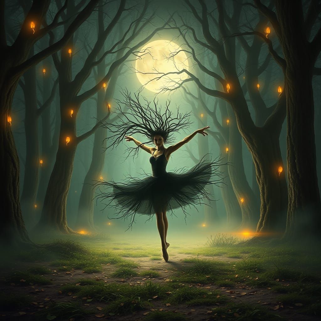 Ballet Dancer With Roots Hair in Mystical Forest Clearing