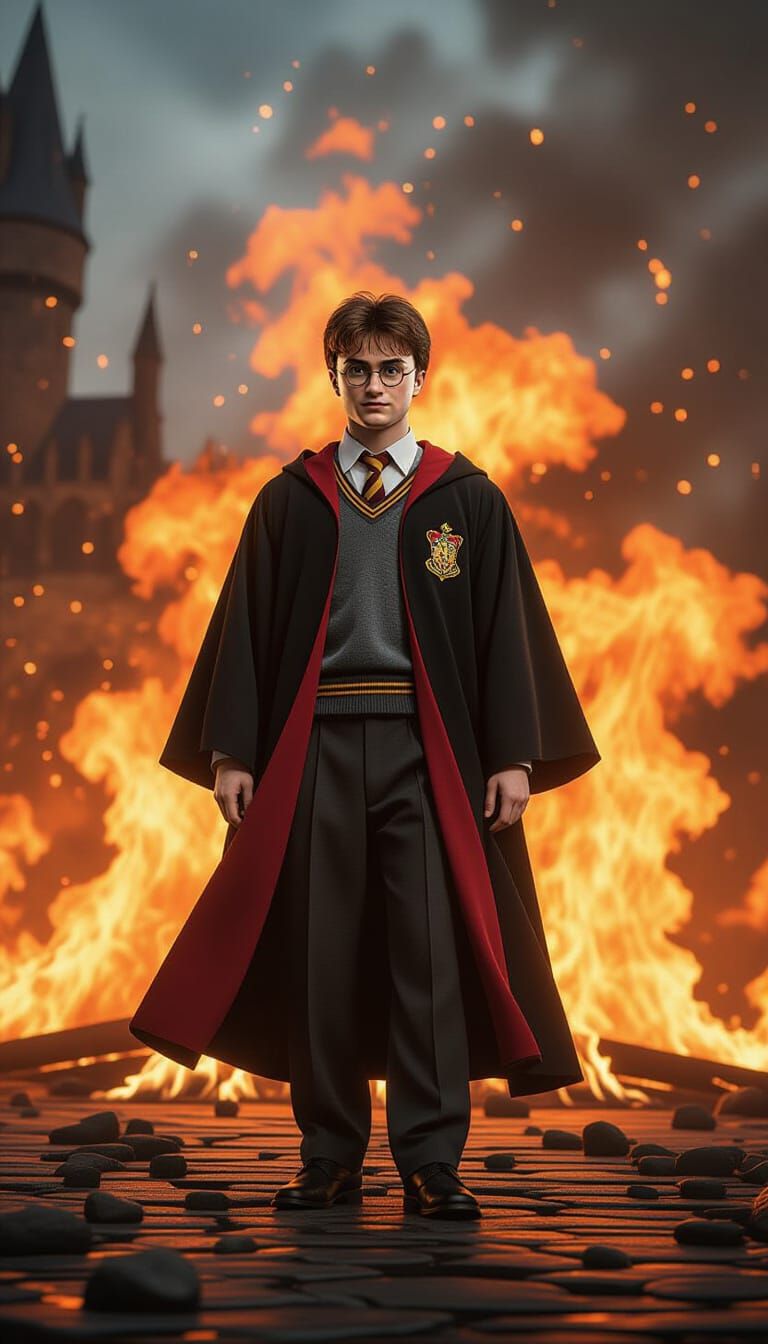 Harry Potter Amidst Flames in Hyperrealistic Surrealism