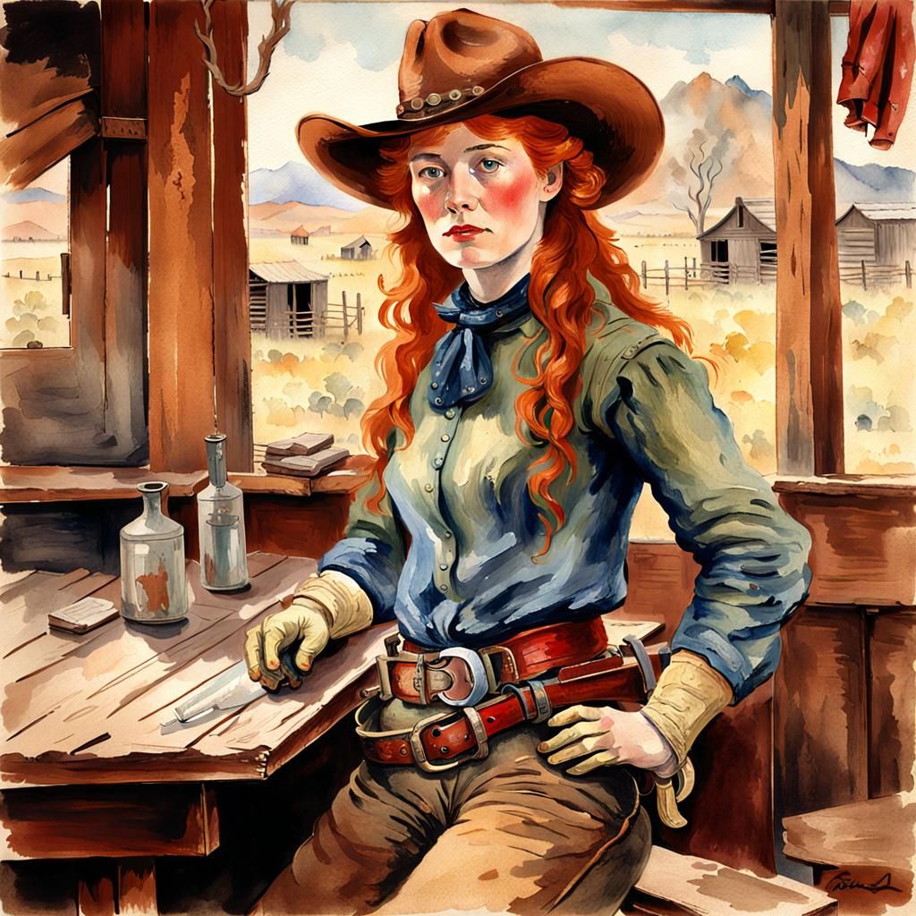 Redhead Cowgirl in Saloon: Post-Impressionistic Watercolor