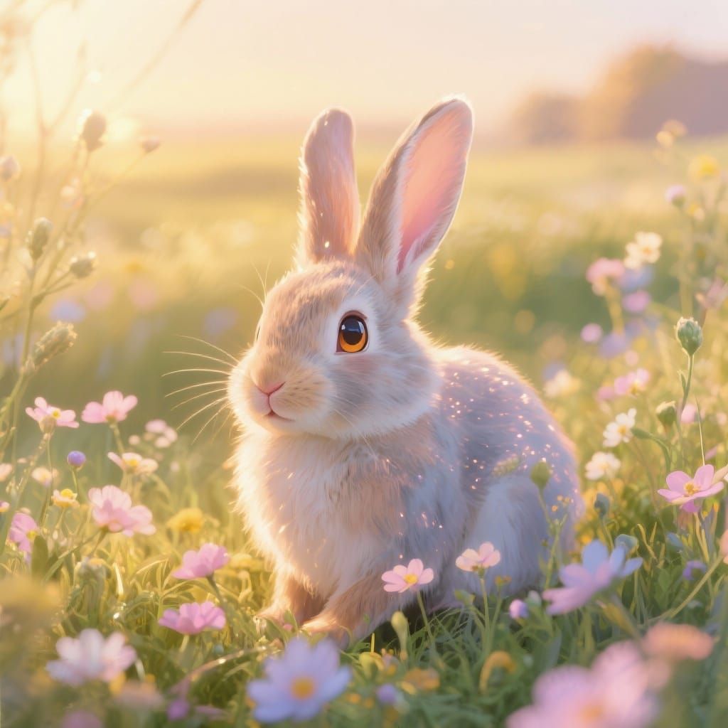 Elegant Bunny in Golden Hour Wildflower Field