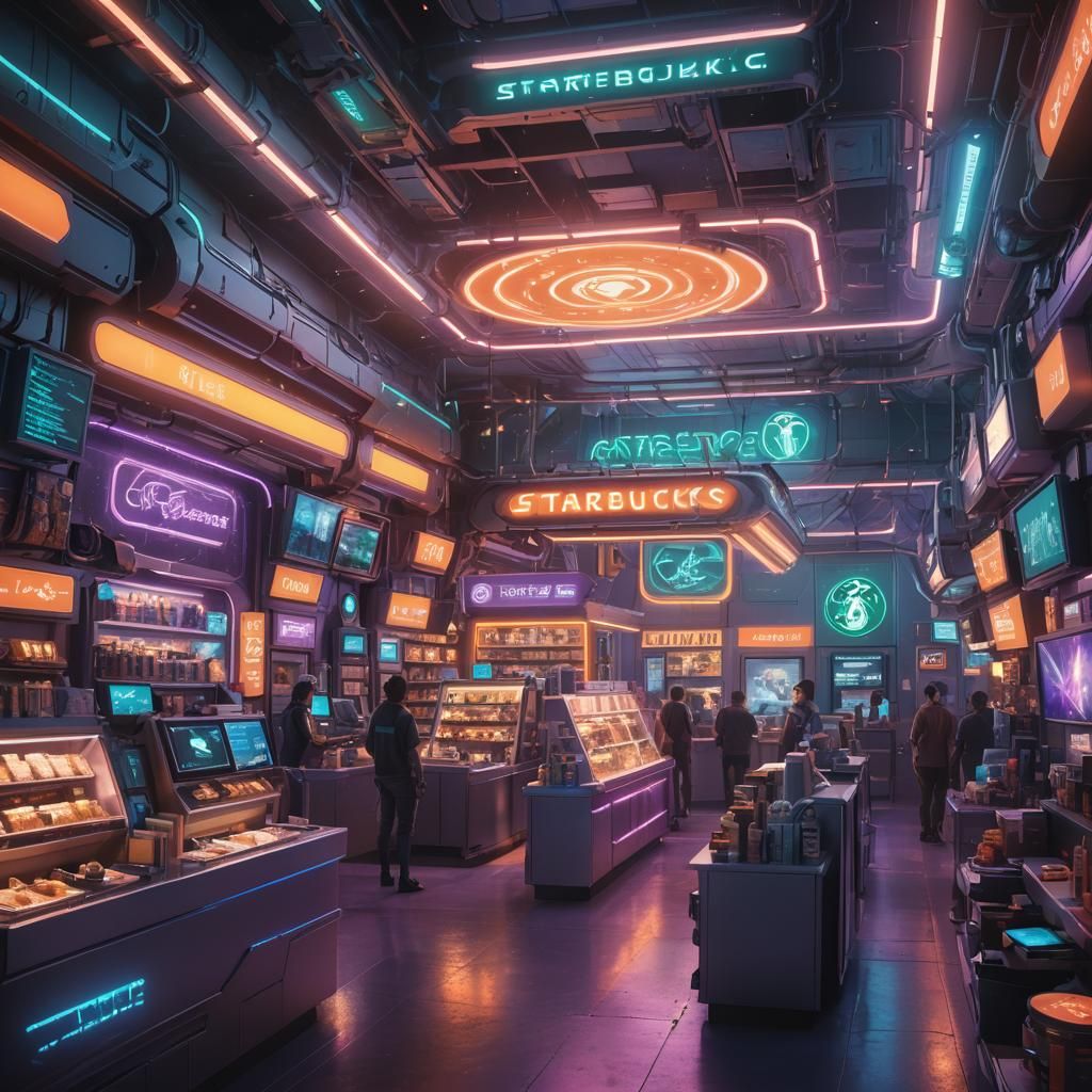 Futuristic Starbucks Store in Neon Noir Style