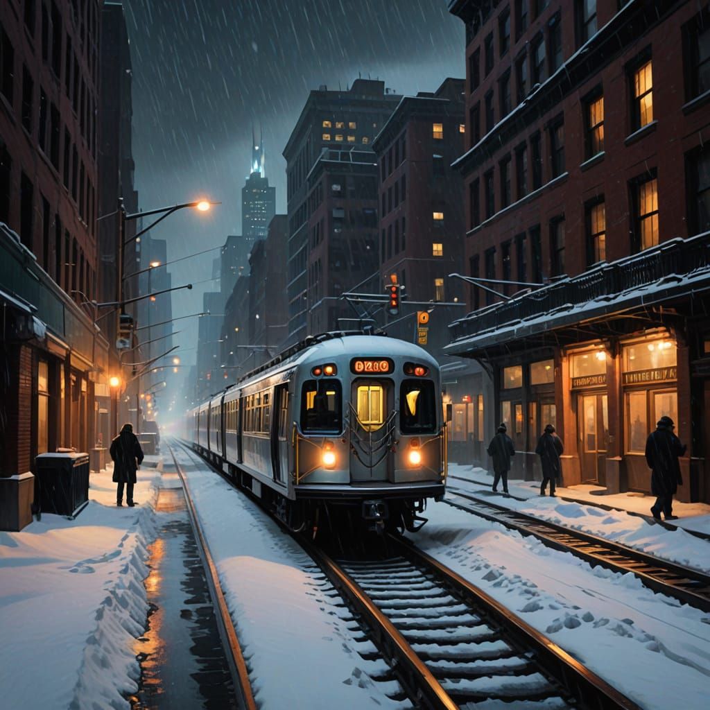 Chicago L Train in Blizzard Under Moonlight