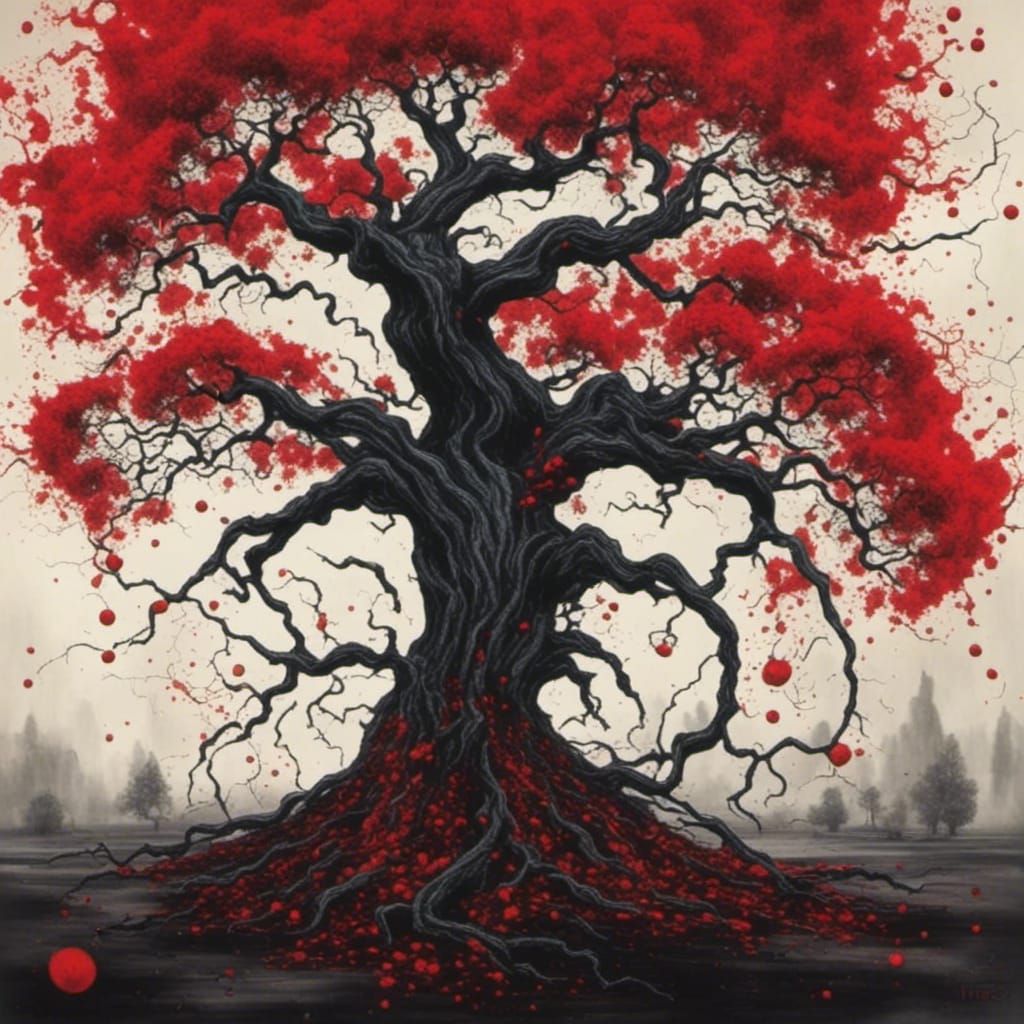 Surreal Red Tree in Twisted Ink Style