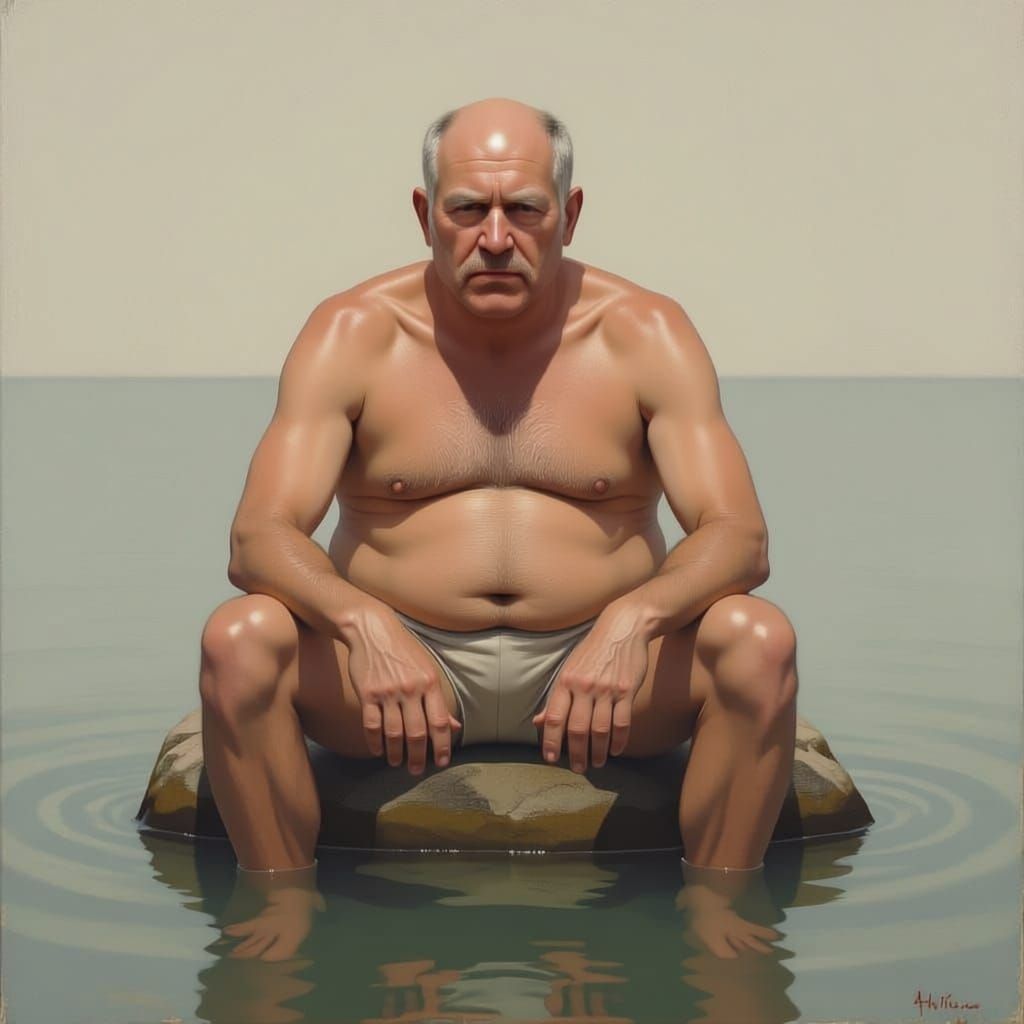 Hairy-Chested Man in Briefs Sits on Water Stone