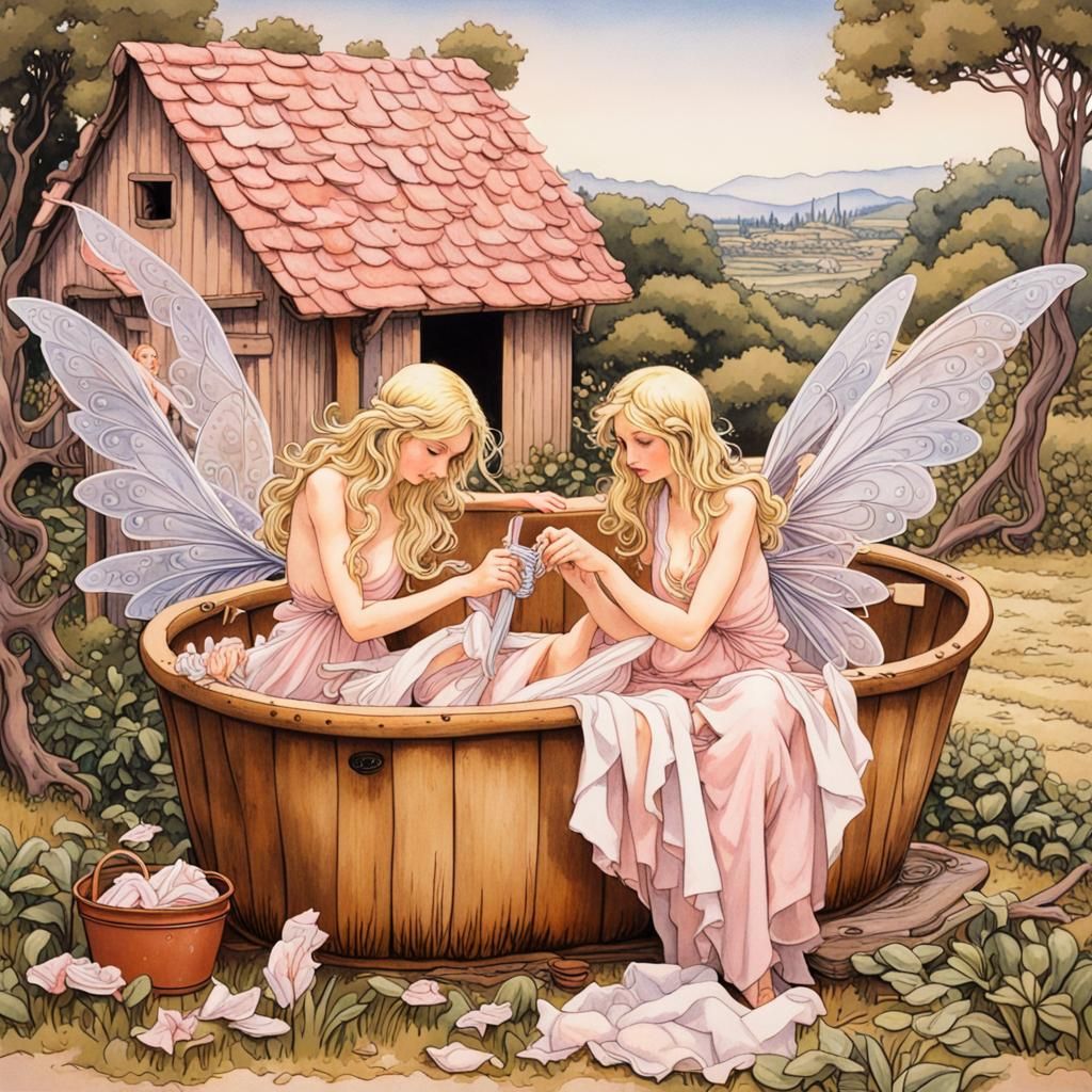 Fairies Doing Laundry: A Milo Manara-Style Painting
