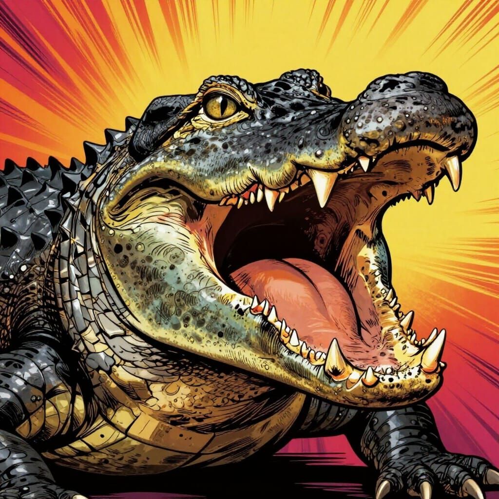 Angry Caiman Roaring with Bold Black Outlines