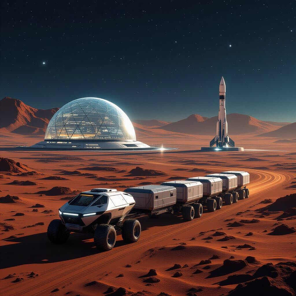 Mars Rover Hauling Cargo Past Futuristic City at Night