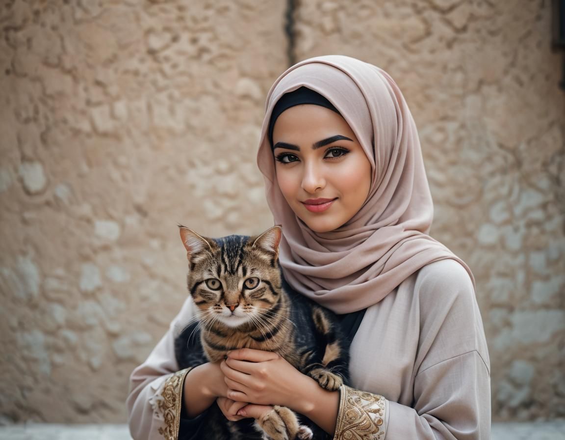 Stunning Arabic Woman with Hijab and Cat Portrait
