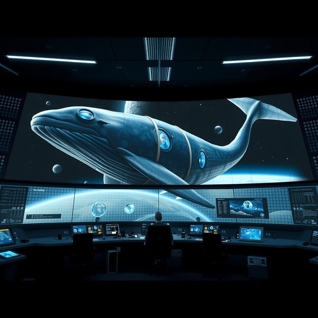 Futuristic Air Traffic Control Monitors Space Whale Passenge...