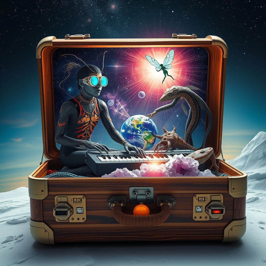 Surreal Space Odyssey with Ethereal Figures and Cosmic Lands...