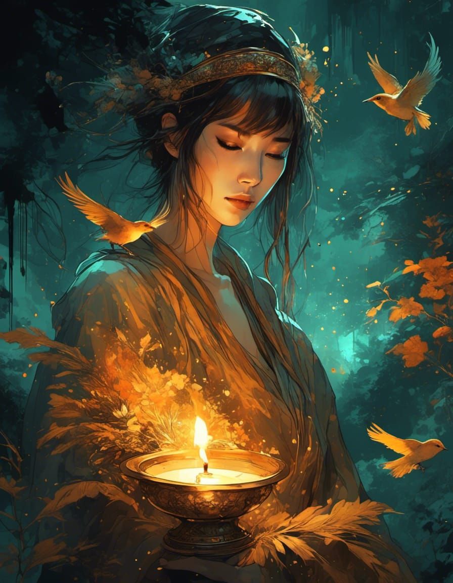 Golden Bird Flies in Anime Landscape Masterpiece