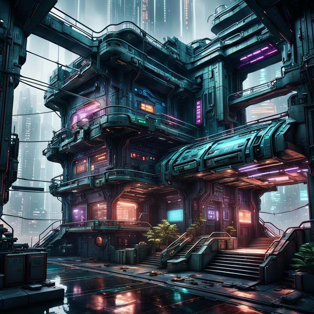 Futuristic Cyberpunk Underground Headquarters in Detailed Ma...
