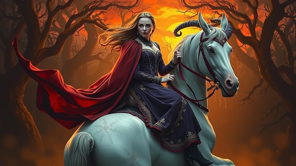 Vampiress Riding Stallion in Dark Forest