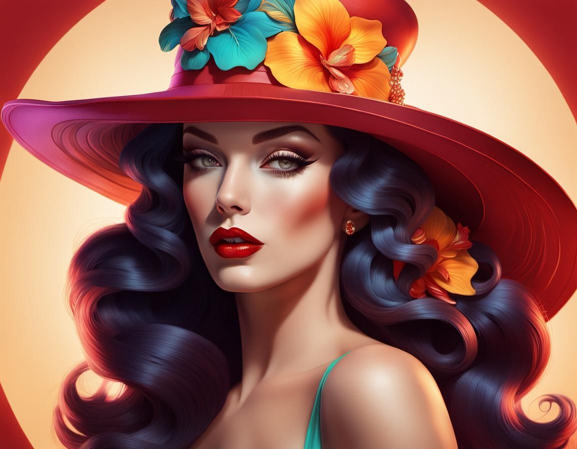 Vibrant Pin-Up Girls in Hats, Digital Art