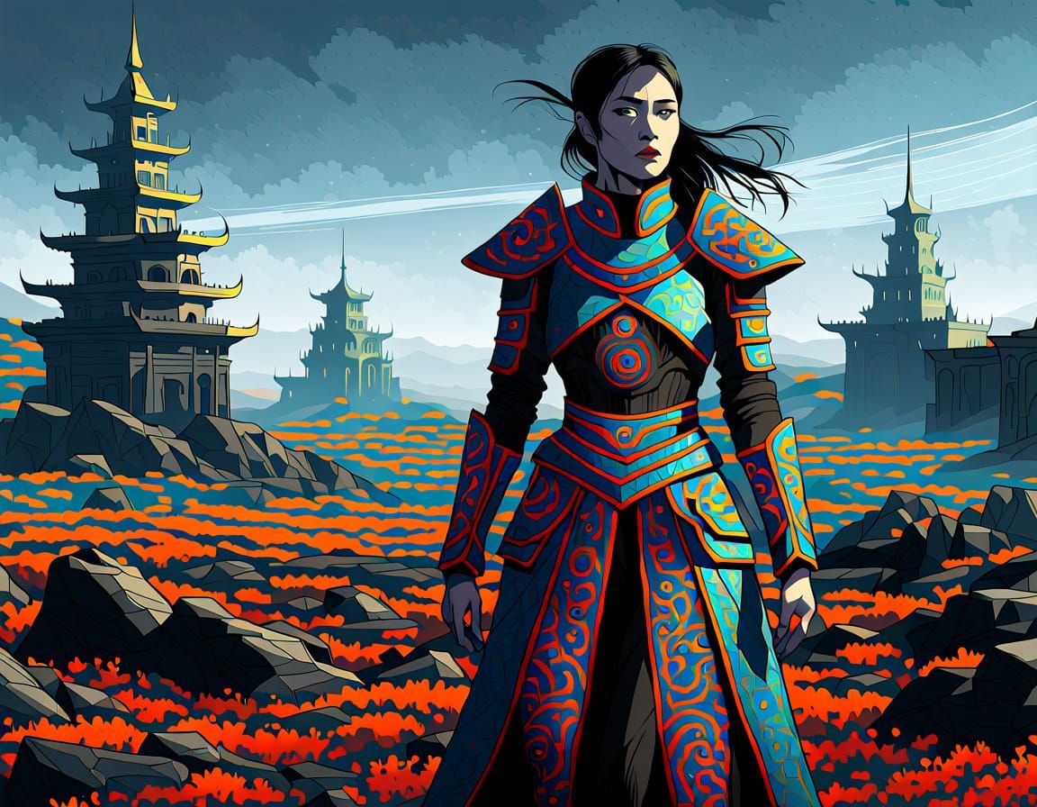 Determined Mongolian Warrior Goddess in Futuristic, Atmosphe...