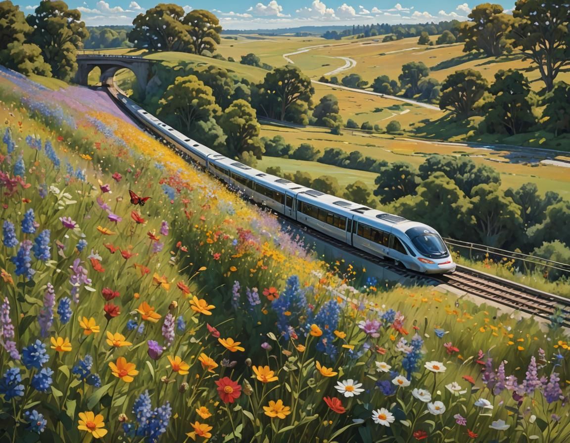 Wildflower Meadow with Monorail in Golden Light