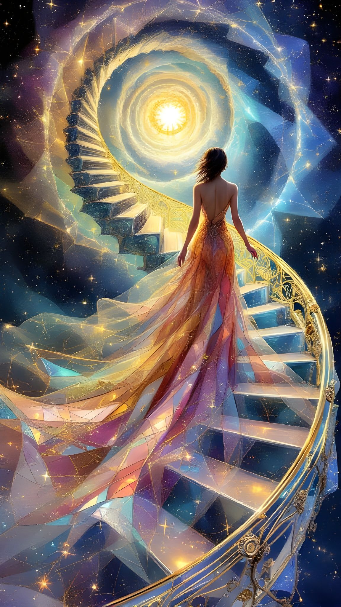 Surreal Starlight Goddess Ascends Stained Glass Spiral Stair...