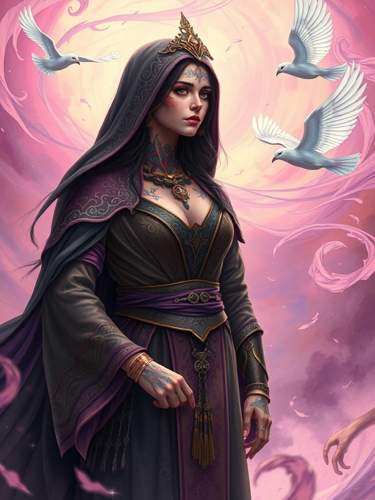 Mystical Priestess with Tattoos in Dreamlike Setting