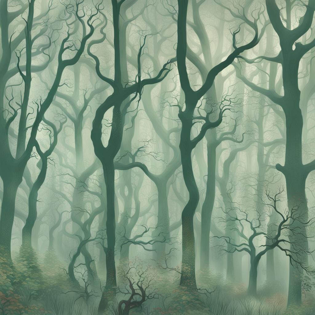 Eerie Mist-Shrouded Forest with Twisted Trees