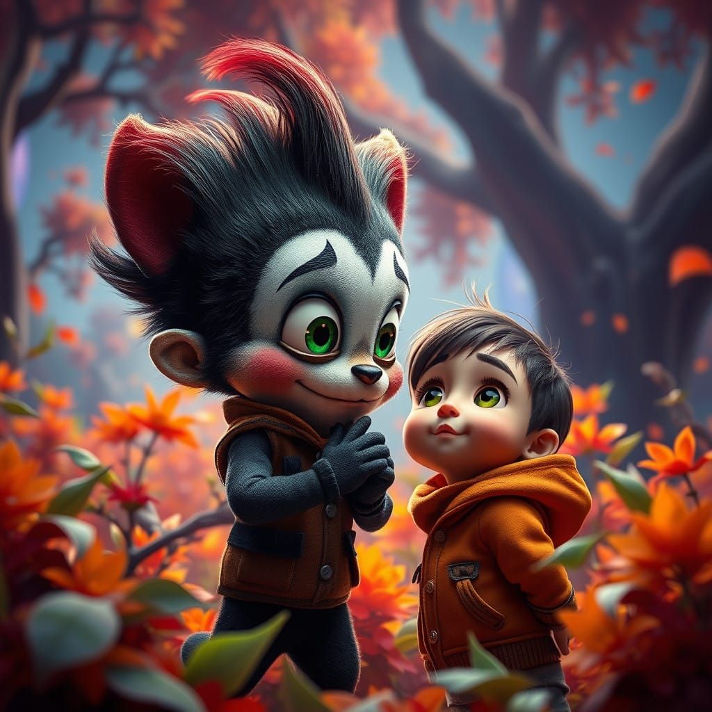 Surreal Fantasy Art of Sprunki Greeting a Wide-Eyed Child in...