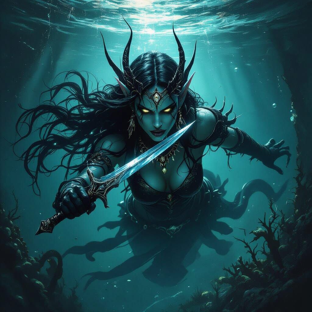 Dark Elf Priestess Swims With Dagger, Tentacles Lurk Underwa...