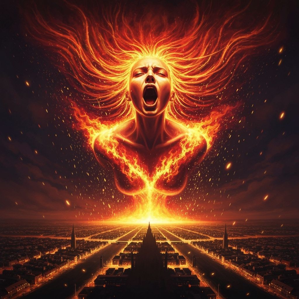 Inferno Cityscape as Screaming Woman in Epic Fantasy Art Sty...