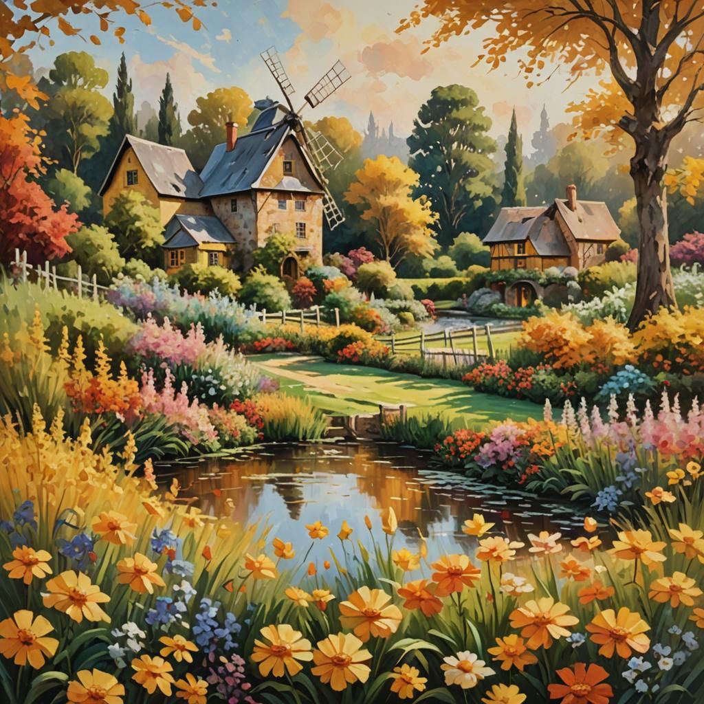 Idyllic Windmill Landscape in Impressionist Style