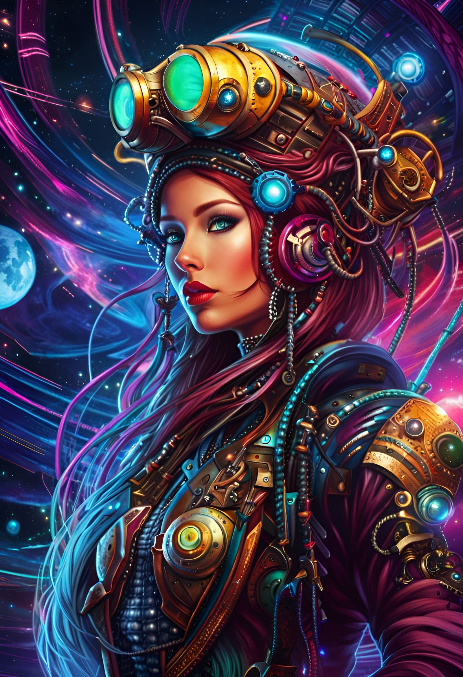 Cyberpunk Space Pirate Goddess in Sci-Fi Setting