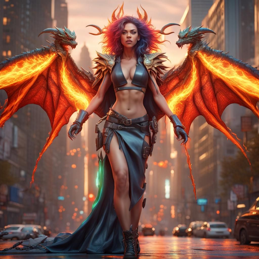 Dragon Goddess in Futuristic Cityscape