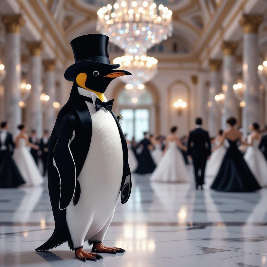 Penguin in Tuxedo in a Ballroom, Photorealistic Style