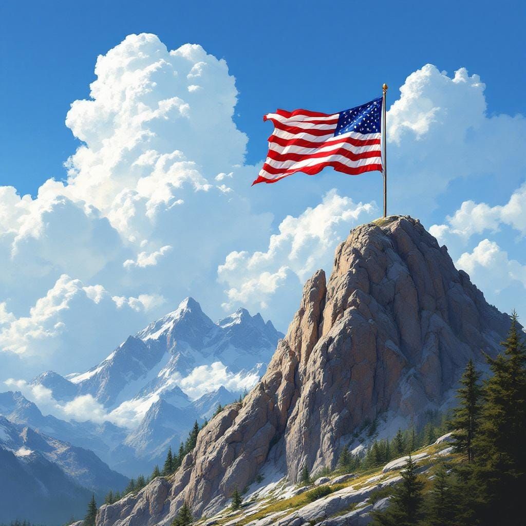 American Flag on Mountain Peak: Landscape Art