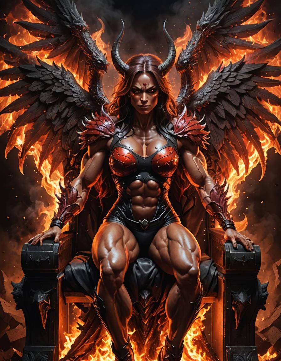 Fiery Demon Bodybuilder on Throne