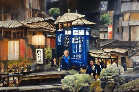TARDIS Crew Arrives in Kyoto: Detailed Oil Painting
